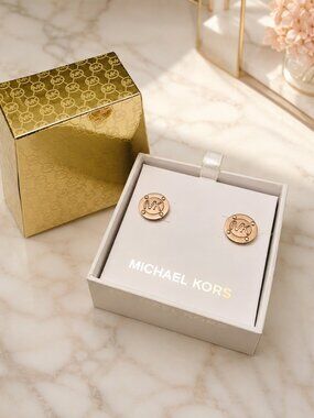 Michael Kors MK Logo Disk Stud Earrings Rose Gold Tone 14mm Authentic NWT